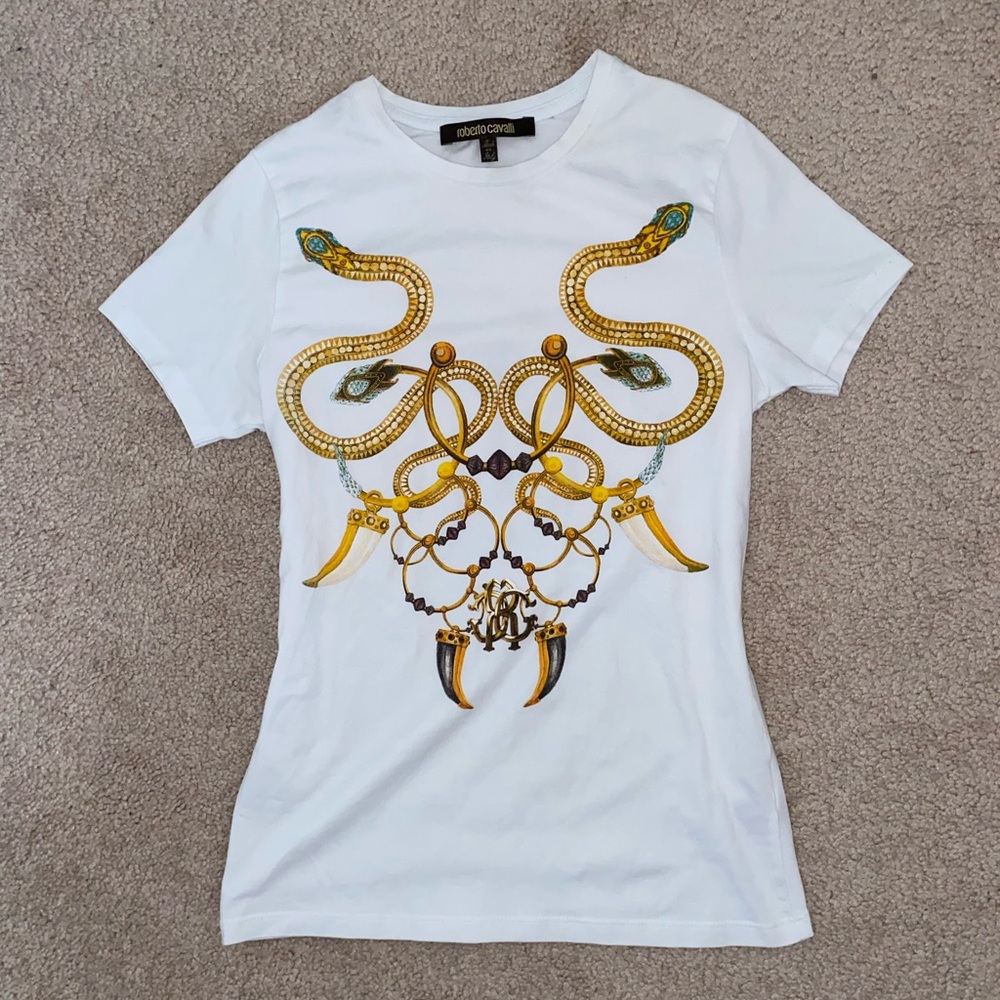 Roberto Cavalli White and Gold Slim Fit Tee